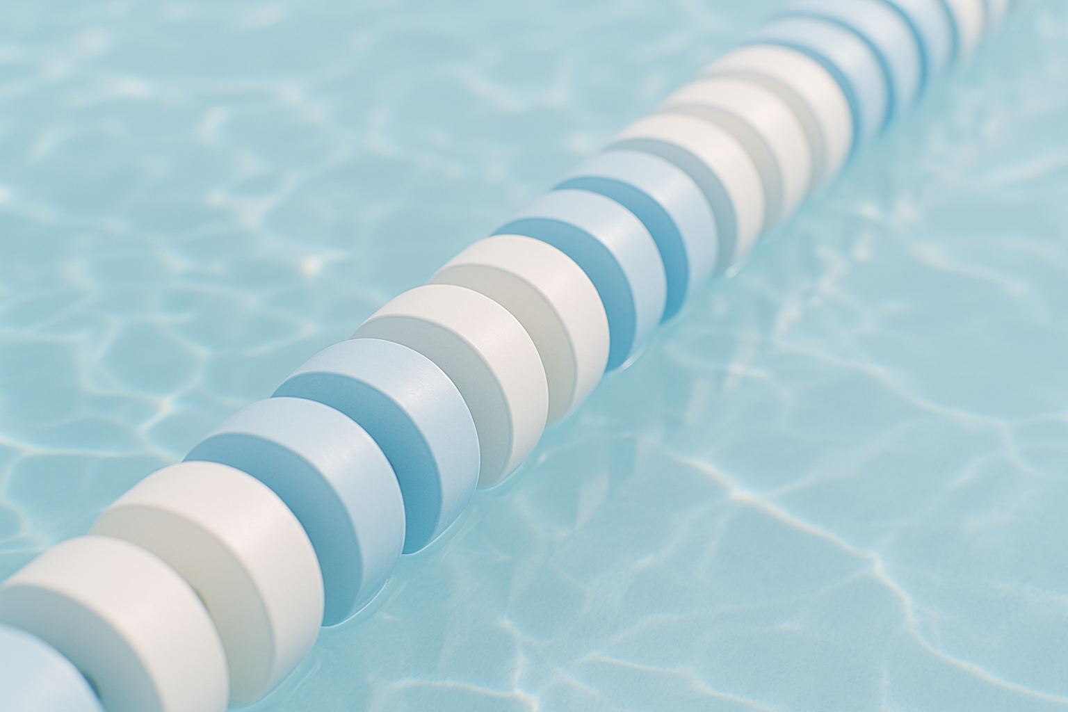 Lane rope floats in a row on clear water.